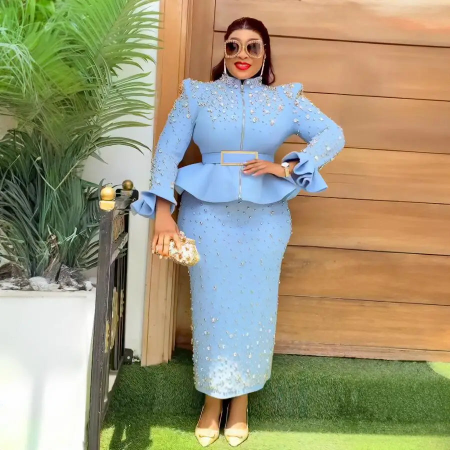 luxury women's elegant dress suit Mesh fabric turkey dresses for women luxury rhinestone african dress