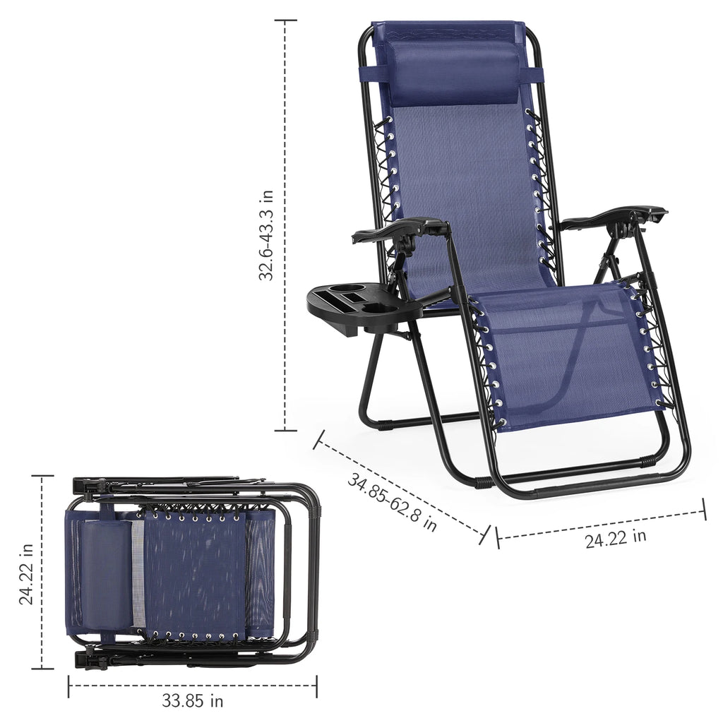 JHK Zero Gravity Set of 2 Portable Recliner Camping Patio Outdoor Garden Lounge Chair with Cup Holder Trays Adjustable Pillow