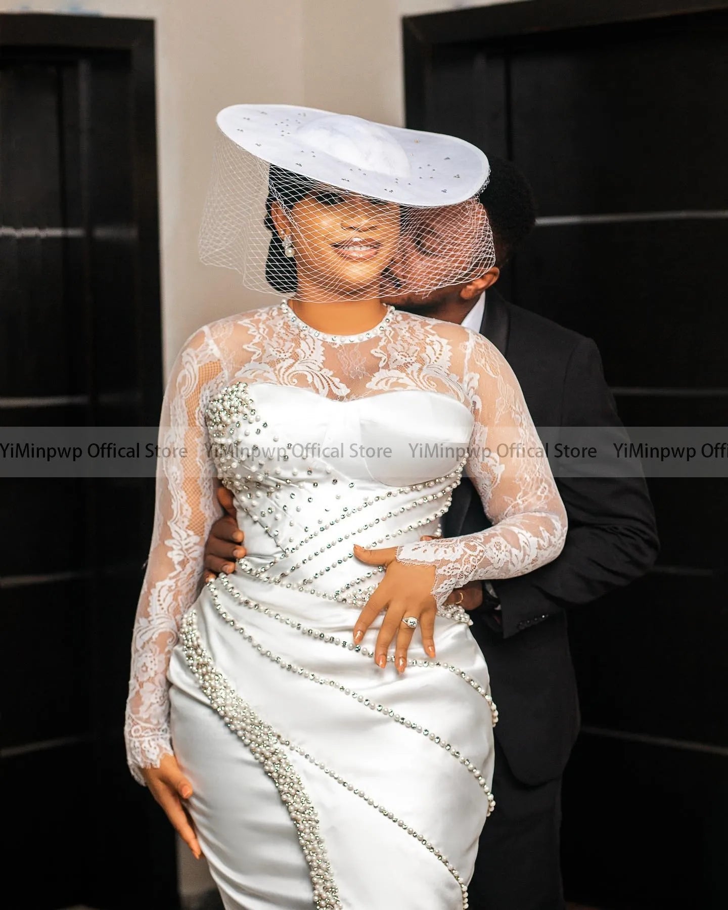YiMinpwp Civil Wedding Dress O Neck Long Sleeve Tea Length