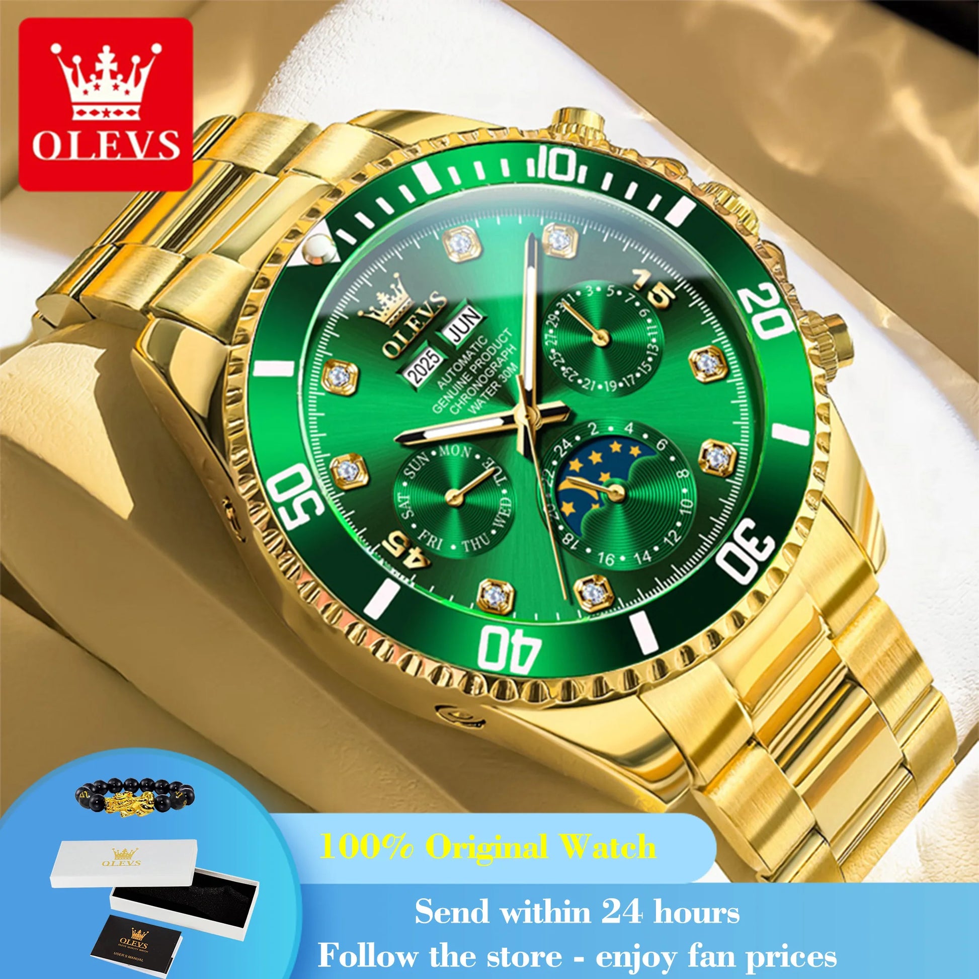 OLEVS 6729 Automatic Moon Phase Men Wristwatch 30M Water Resistant