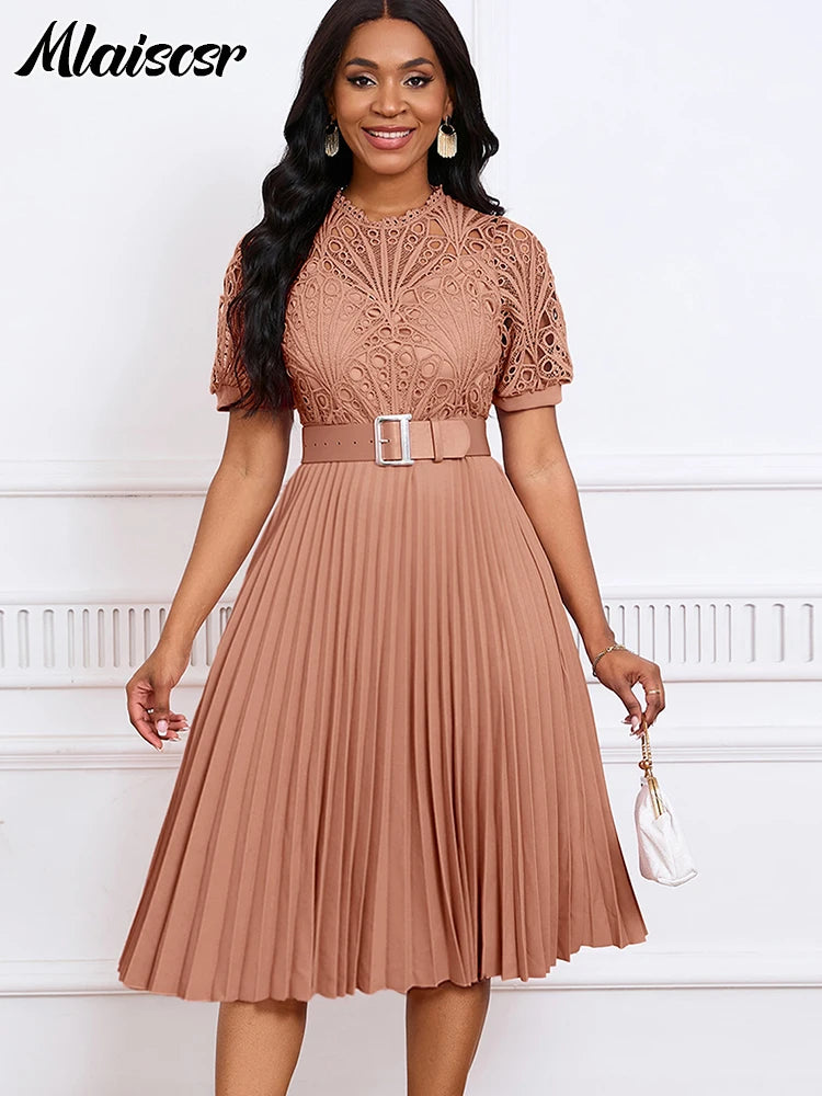 Mlaiscsr Elegant Wedding Guest Pleated Lace Patchwork Dress With Belt