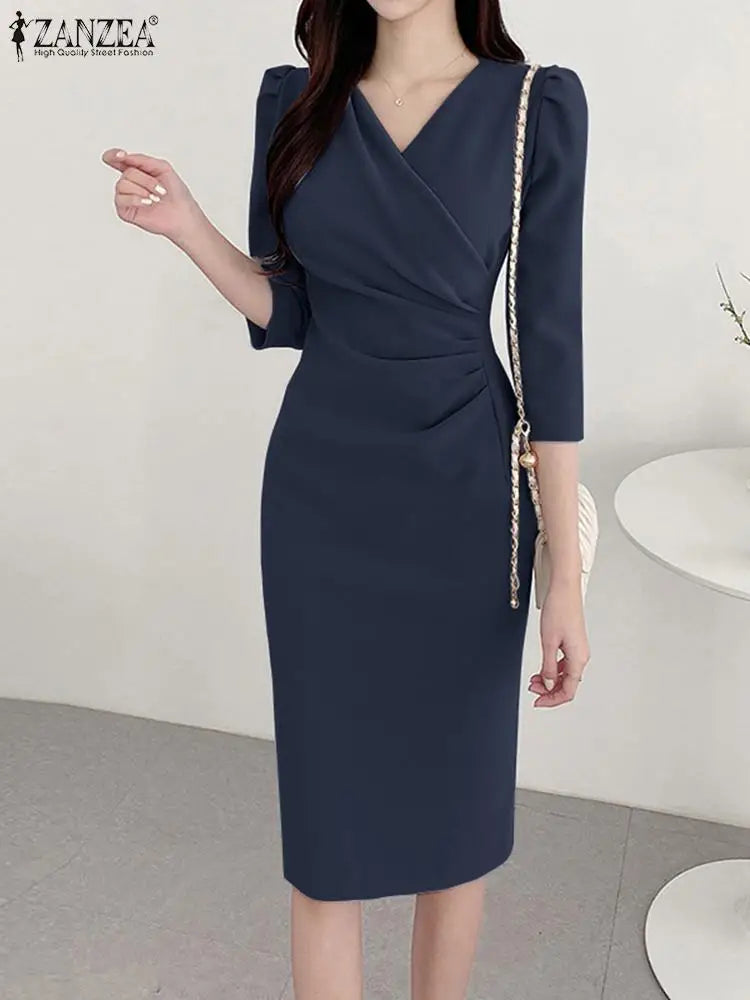 ZANZEA Women’s Elegant Bodycon Party Dress, Sexy V-Neck Knee Length Dress 3/4 Sleeve Ruched Waist, Summer Office Woman Clothes