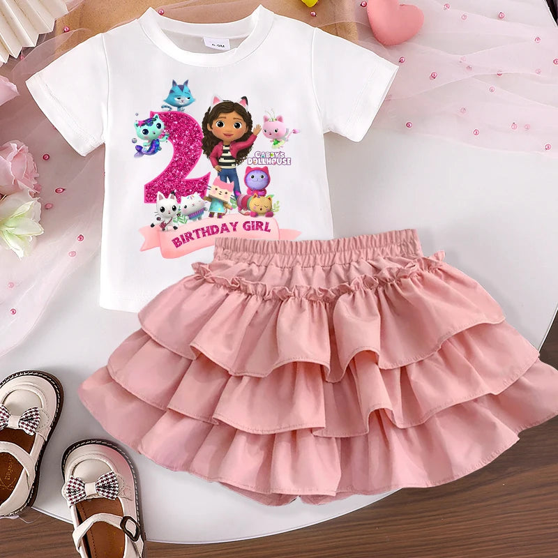 Gabby's Dollhouse Sweet Skit T-shirt Set for Girls Anime Cartoon Fashion Dress Short Sleeved Shirt Suit Children Summer Clothes