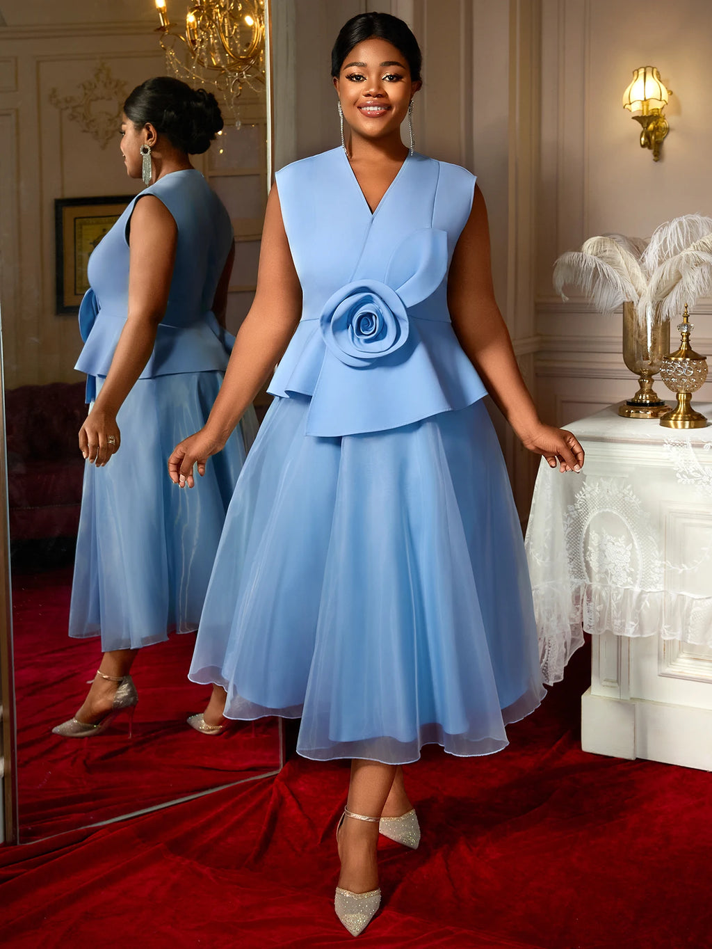 AOMEICN Elegant A Line Tulle Dress 3D Flowers V Neck
