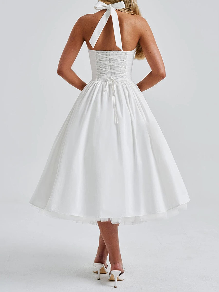 Hirigin Velvet Sleeveless Midi Dress With Halter Neck Open Back