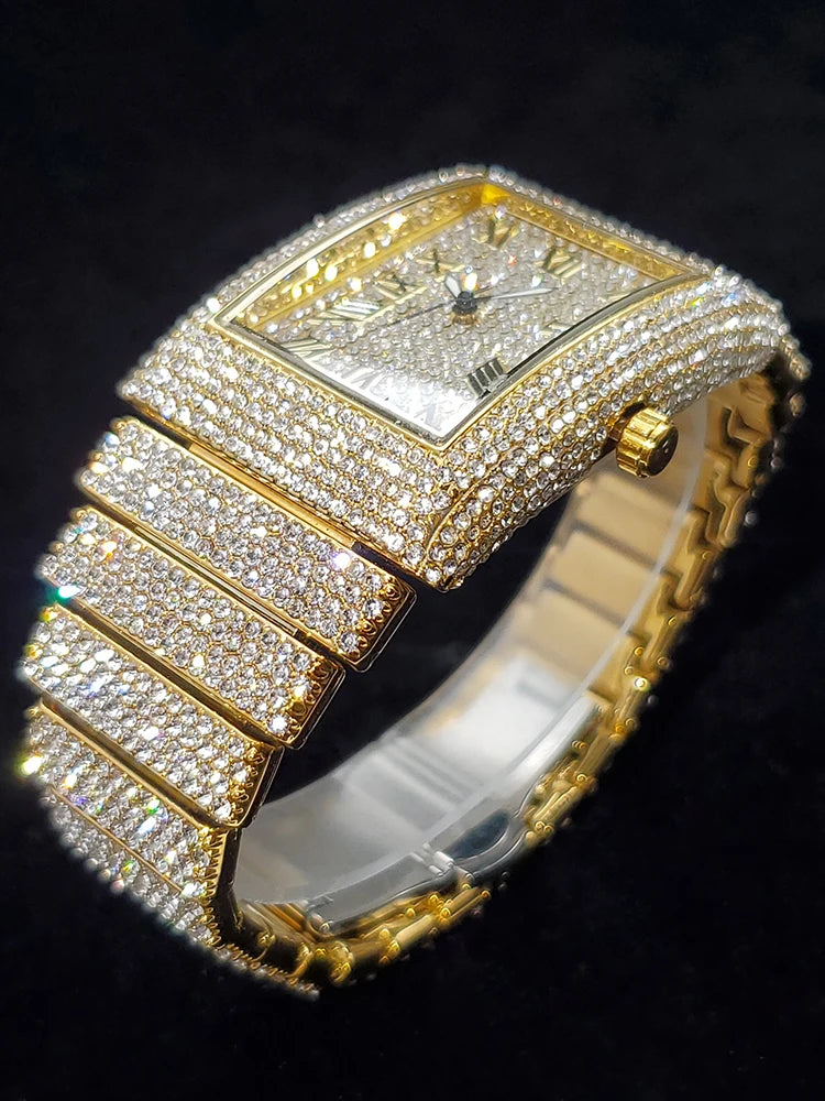 Gold Men's Watches Rectangle Dial Luxury Diamond Fashion Big Wristwatches Luminous Point Iced Quartz Watch For Men Dropshipping