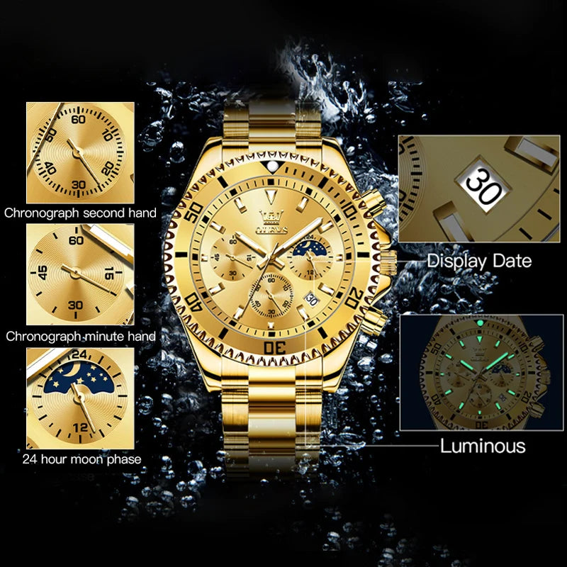 OLEVS Mens Luxury Chronograph Stainless Steel Watch Moon Phase