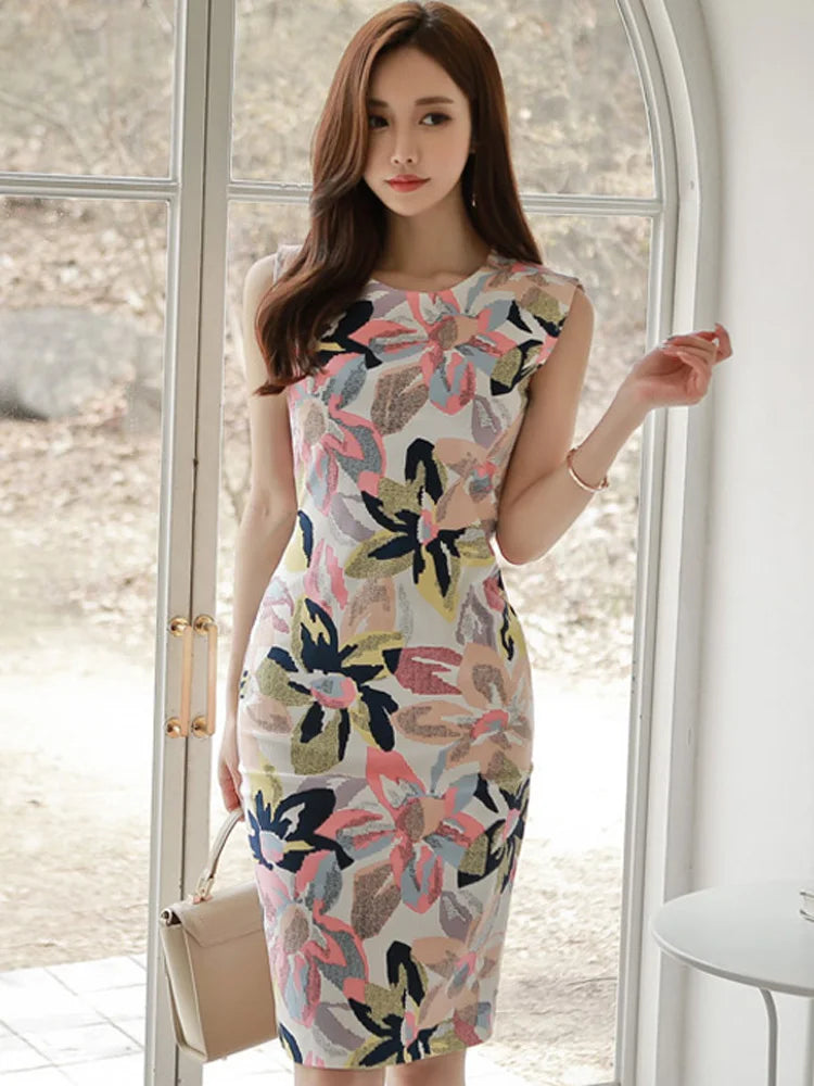 High Waist Tight Dress Summer Simple Temperament Party Dress Floral O-Neck Sleeveless Sheath Elegant Office Lady Dress