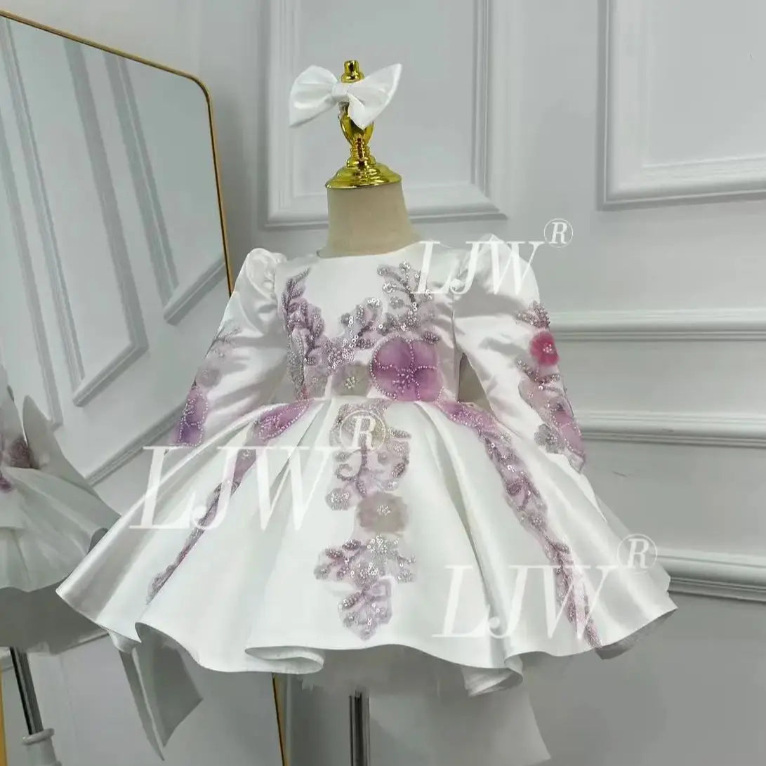 Elegant long sleeve atin embroidered Flower Girl Dress 1st Birthday Pageant Party Prom Gown flower wedding piano performance  Pr
