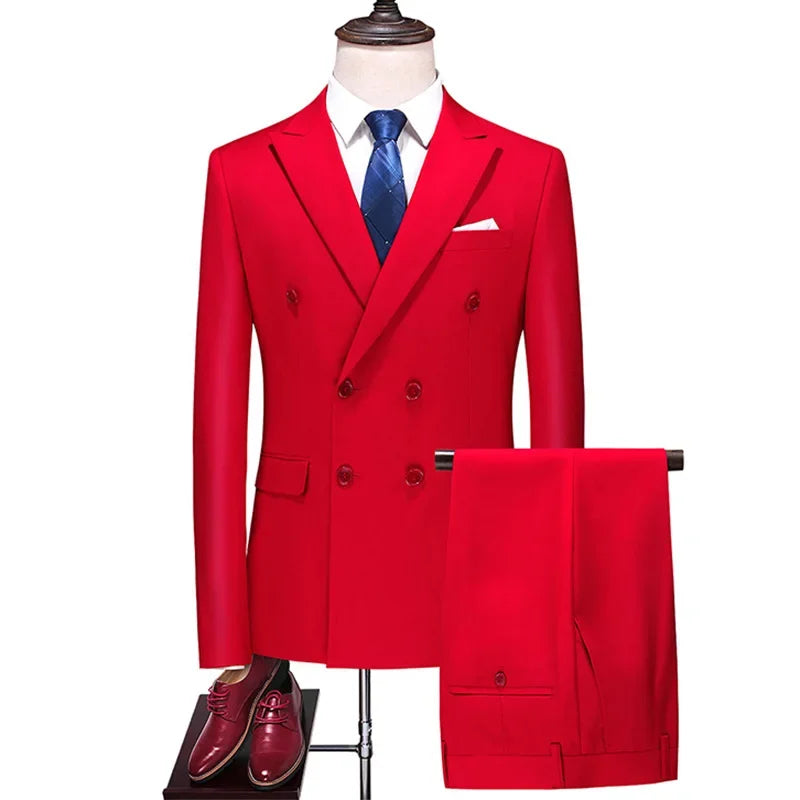 Mens Double Breasted Suit Blazer Pants British Style Business Formal