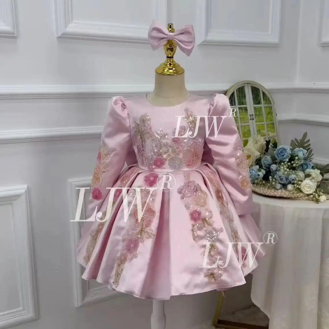 Elegant long sleeve atin embroidered Flower Girl Dress 1st Birthday Pageant Party Prom Gown flower wedding piano performance  Pr