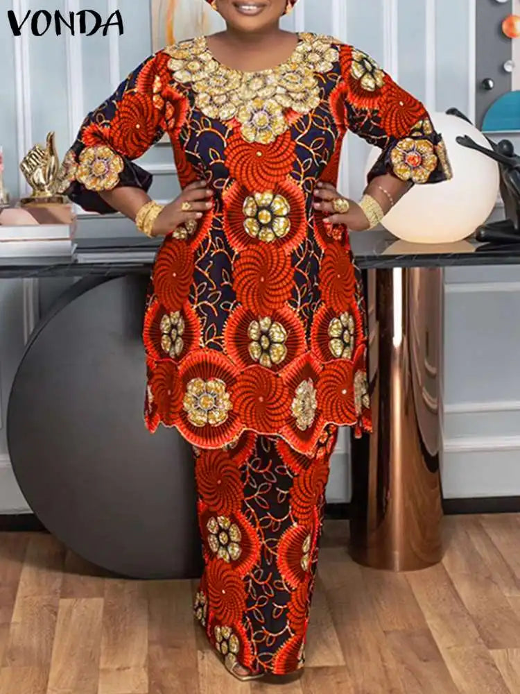 Plus Size 5XL VONDA Women Dress Sets Bohemian Suits Vintage Ethnic Style Floral Printed Long Blouse And Elastic Waist Skirts