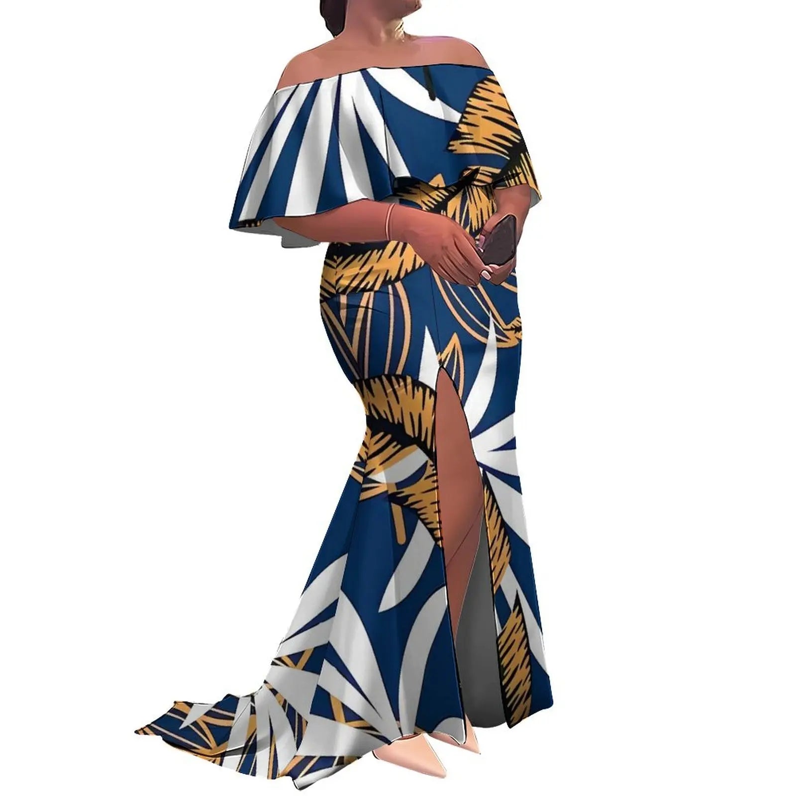 Tax Free Custom Logo Ladies Fishtail Evening Dress Polynesian Frill Off the Shoulder Split Mermaid Long Maxi New Zealand Dress