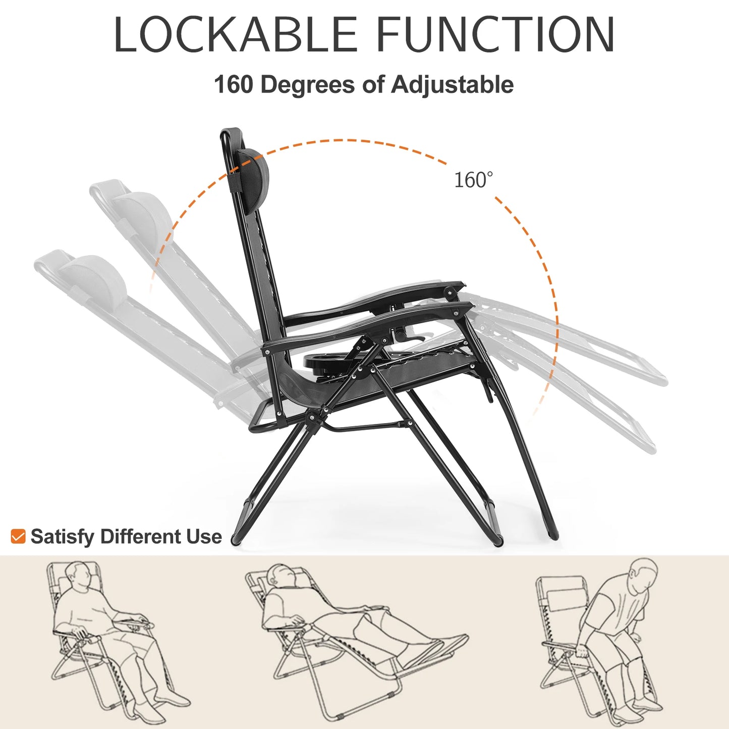 JHK Zero Gravity Portable Recliner Set With Cup Holders