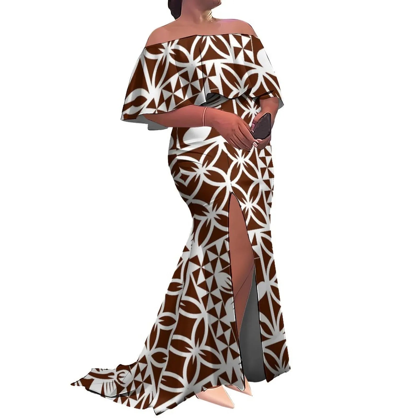 Tax Included Custom  Polynesian Tribal Design  Print Slit Pleated Plus Size Mermaid Dress Off Shoulder Prom Women Dress