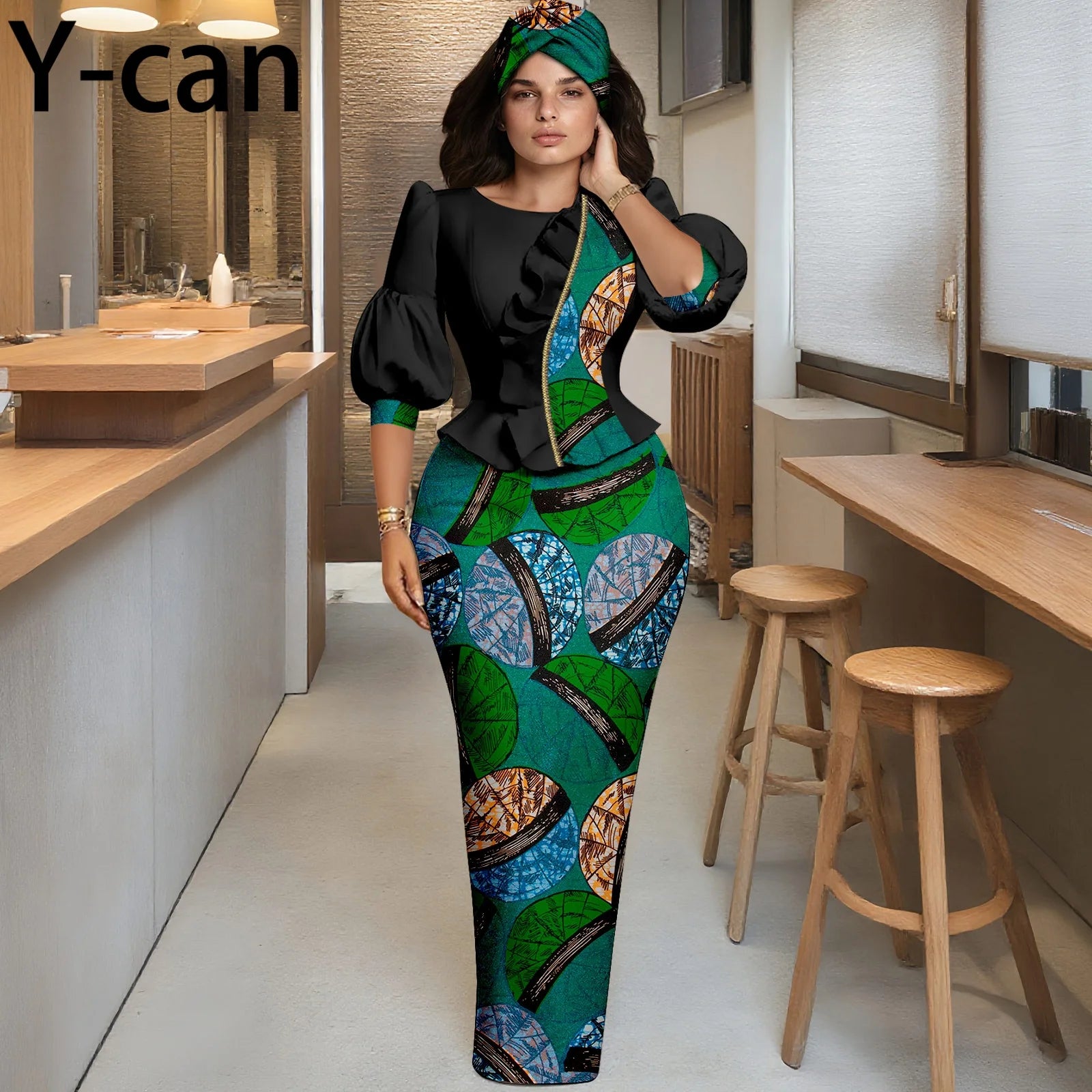 Y-can African Women Skirt Set With Headwrap and Ruffled Top
