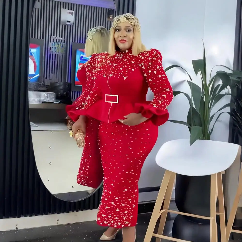 luxury women's elegant dress suit Mesh fabric turkey dresses for women luxury rhinestone african dress