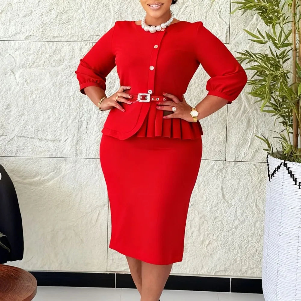 AOMEICN Elegant Bodycon Church Dress With Belt Office Wear