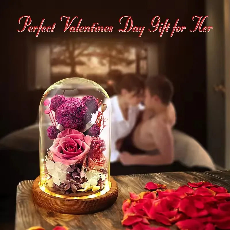 Valentine's Day Gift for Girlfriend Eternal Preserved Rose Flower Gift Box Teddy Bear Eternal Flower with Lights Gift for Women
