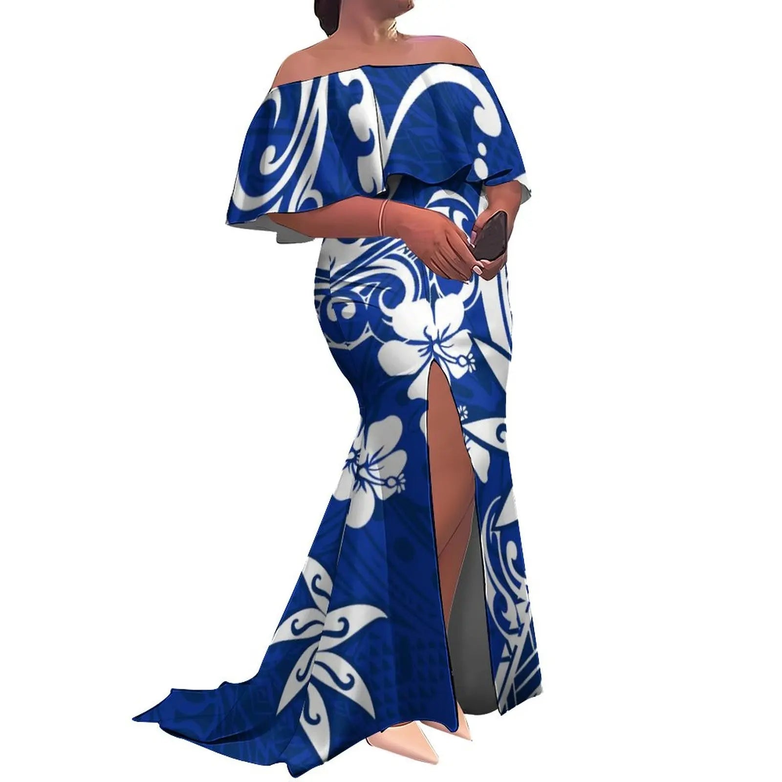 Tax Free Custom Logo Ladies Fishtail Evening Dress Polynesian Frill Off the Shoulder Split Mermaid Long Maxi New Zealand Dress