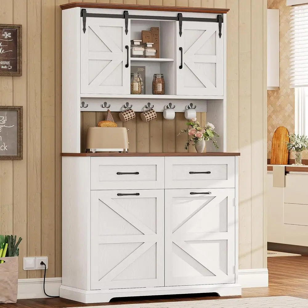 IRONCK Farmhouse Kitchen Pantry Cabinet With Microwave Stand And Charging