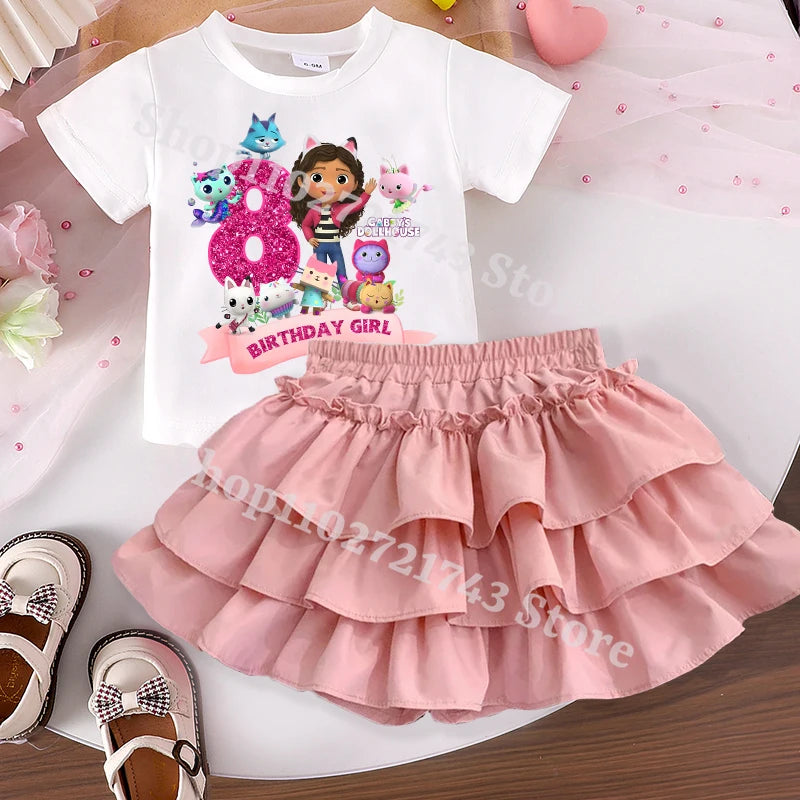 Gabby's Dollhouse Sweet Skit T-shirt Set for Girls Anime Cartoon Fashion Dress Short Sleeved Shirt Suit Children Summer Clothes