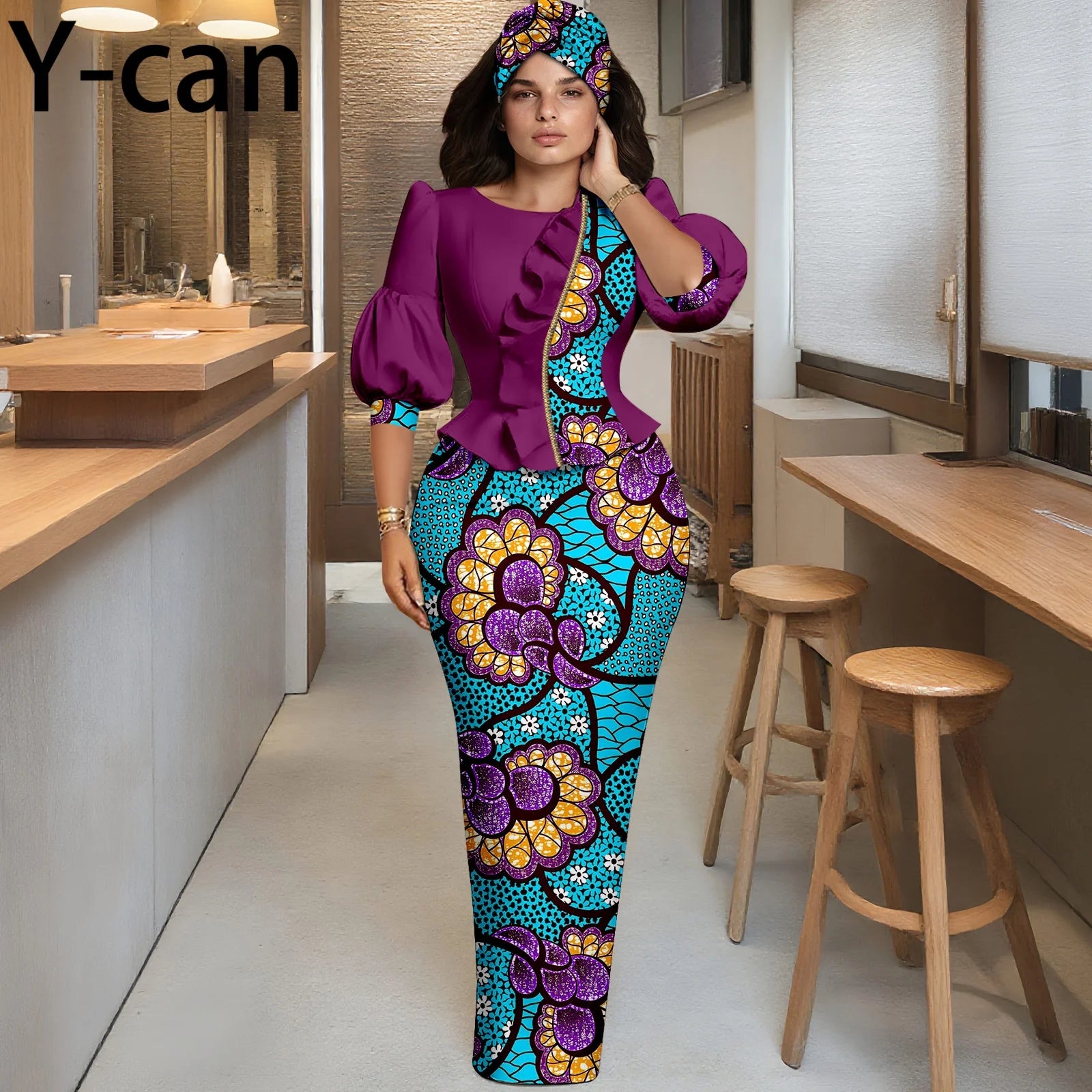 Y-can African Women Skirt Set With Headwrap and Ruffled Top
