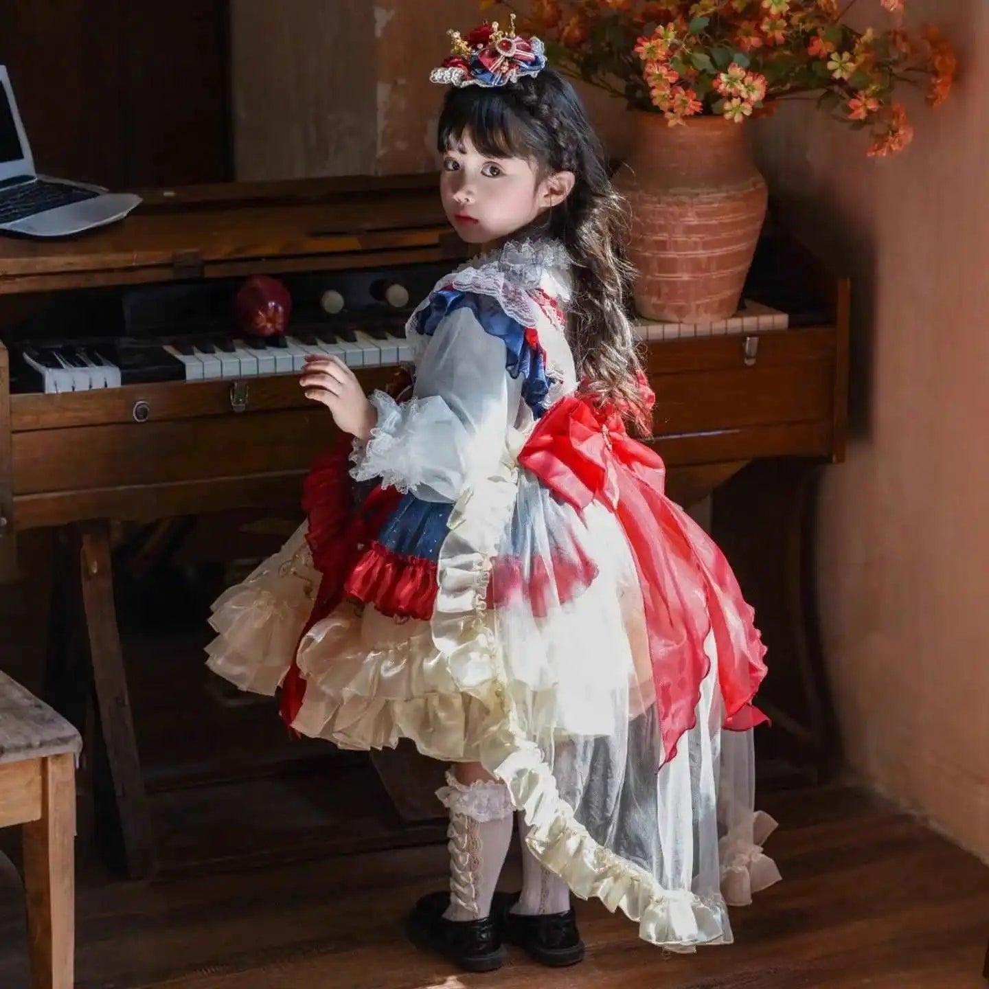 Baby Girl Spanish Princess Lolita Dress for Birthday Party Autumn Winter Royal Blue Velvet Palace Vintage Pompom Boutique Gowns