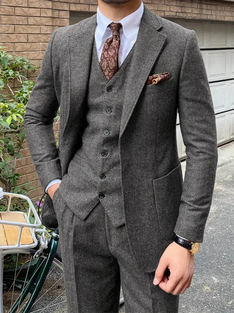 SOLOVEDRESSCN Men Tweed 3 Piece Suit Jacket Vest Pants