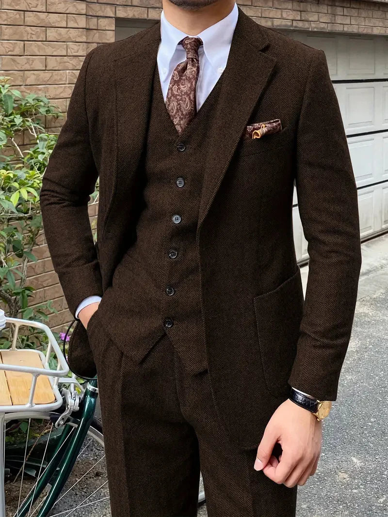 SOLOVEDRESSCN Men Tweed 3 Piece Suit Jacket Vest Pants