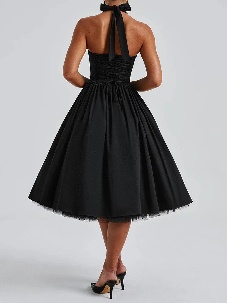 Hirigin Velvet Sleeveless Midi Dress With Halter Neck Open Back