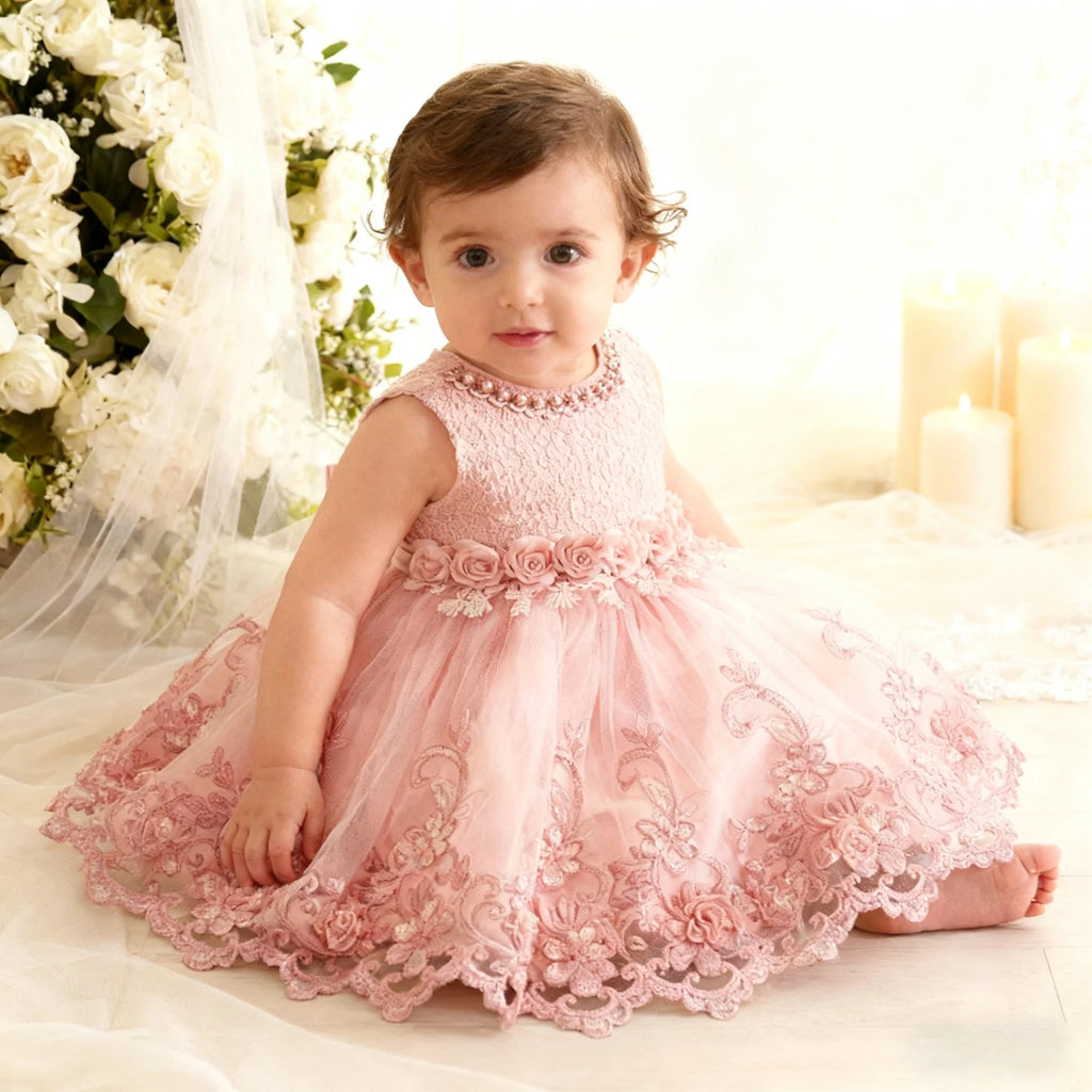 Children Embroidery Pearls Dress Formal Pageant Girl Gown baptism Dresses For baby girl clothes Infant Party Tutu Vestidos