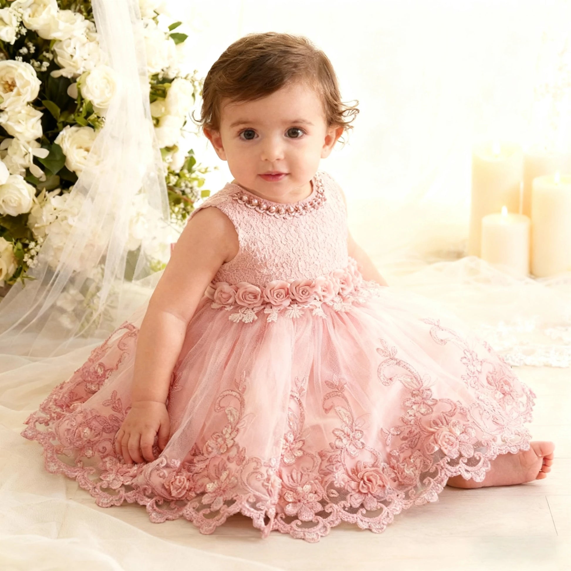 Children Embroidery Pearls Dress Formal Pageant Girl Gown baptism Dresses For baby girl clothes Infant Party Tutu Vestidos