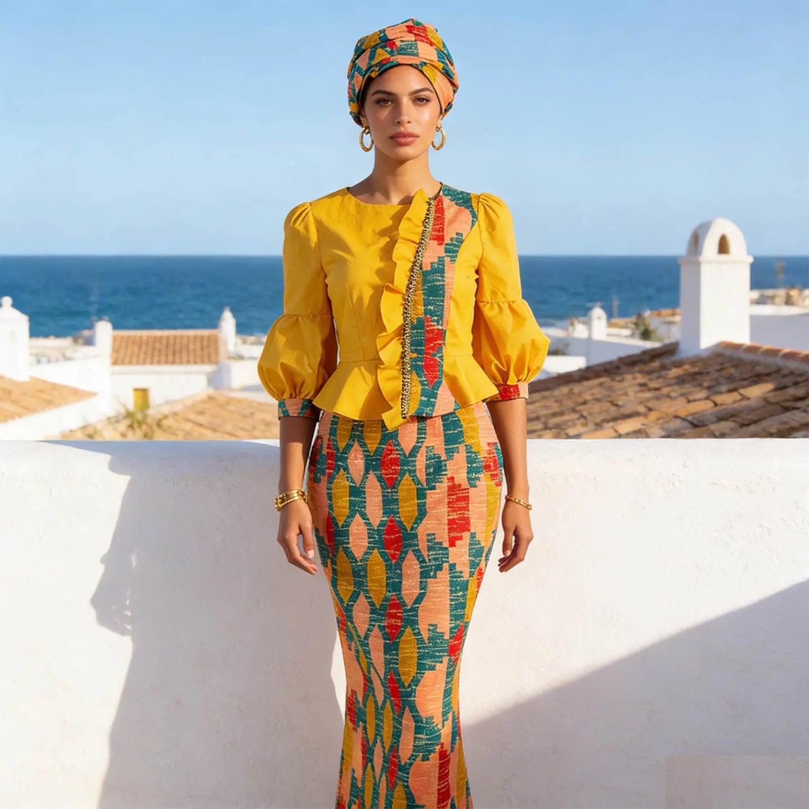 Y-can African Women Skirt Set With Headwrap and Ruffled Top