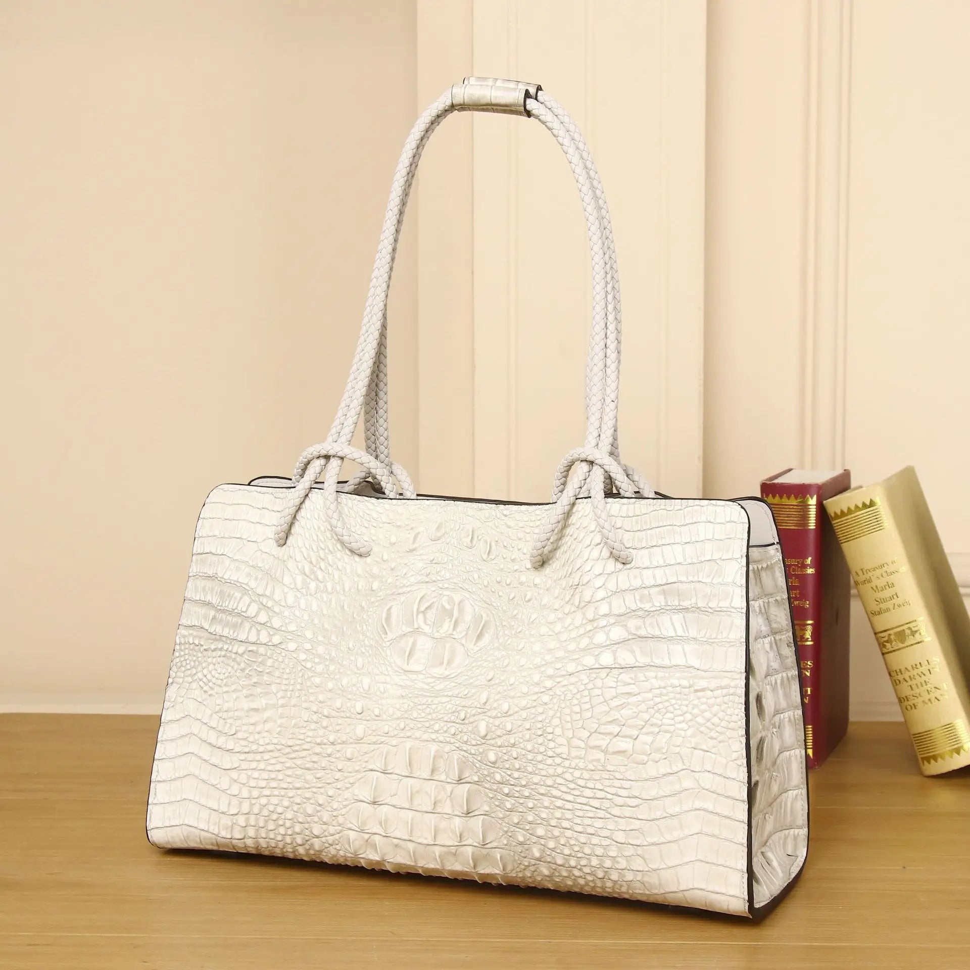 BJYLCN Genuine Leather Womens Travel Tote Bag Crocodile Pattern