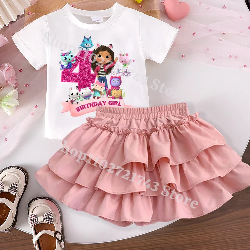 Gabby's Dollhouse Sweet Skit T-shirt Set for Girls Anime Cartoon Fashion Dress Short Sleeved Shirt Suit Children Summer Clothes