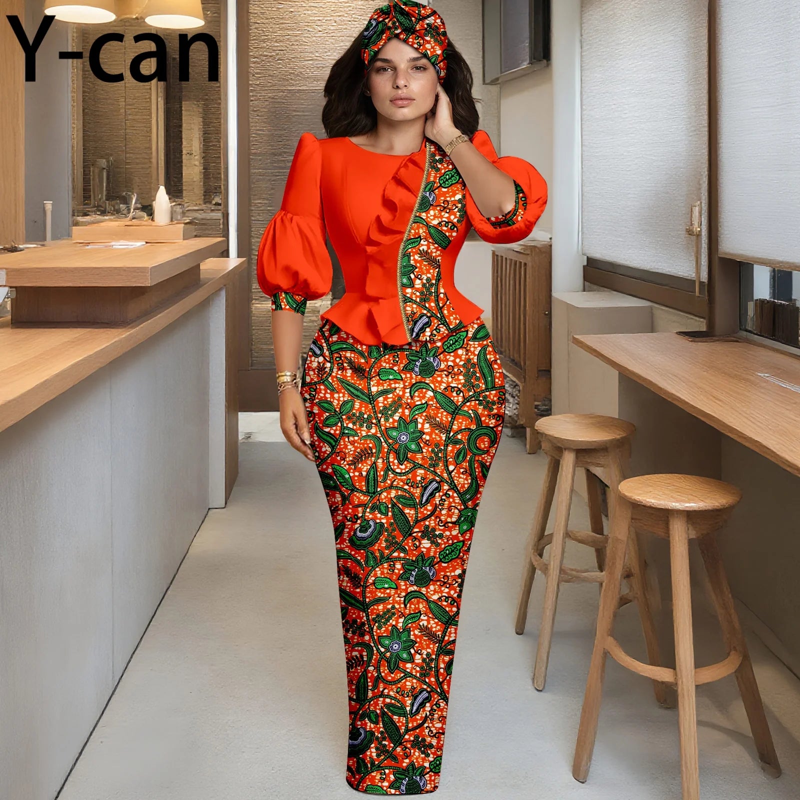 Y-can African Women Skirt Set With Headwrap and Ruffled Top