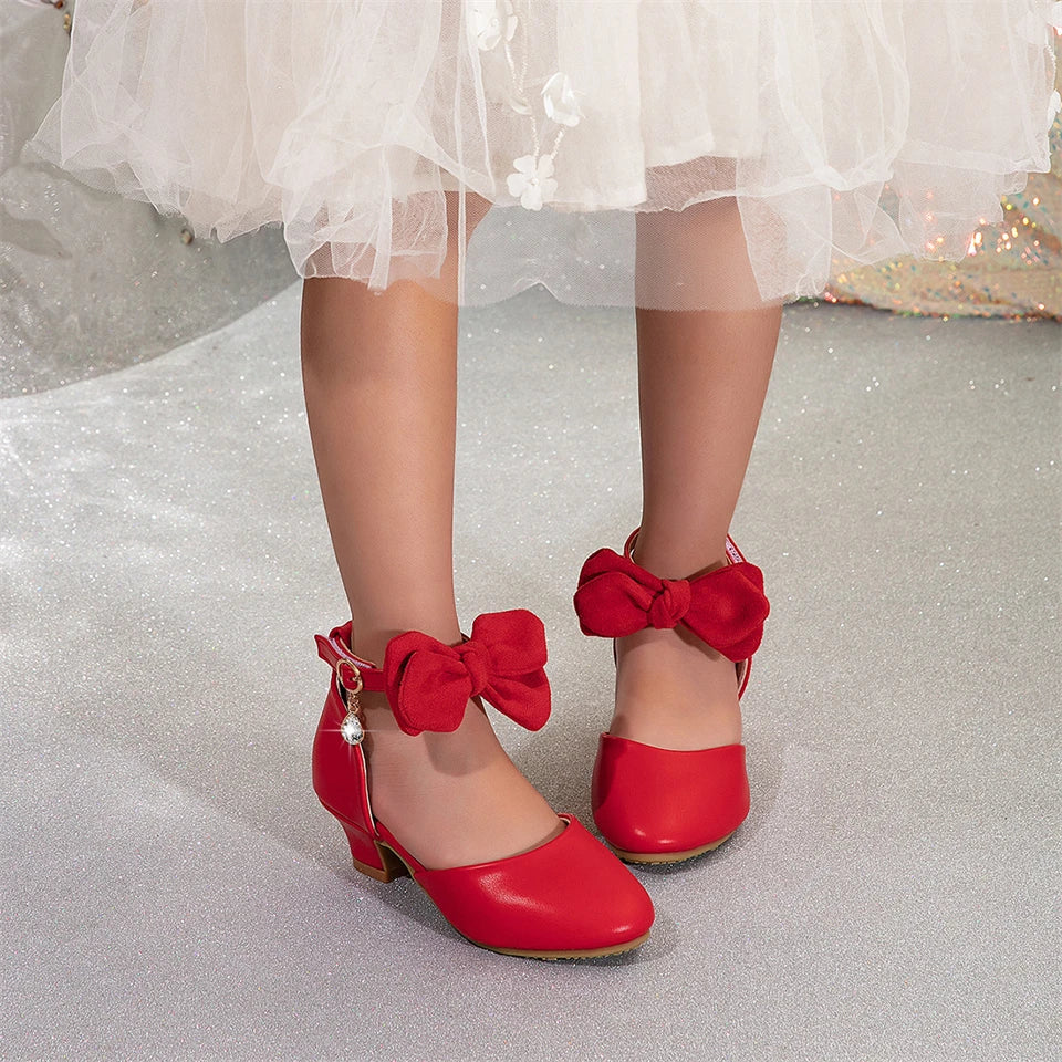 Shiny Luxury Children Wedding Bridesmaids Elegant Party High Heels Leather Shoes Ankle Length Gala Celebration Fancy Girl Sandal