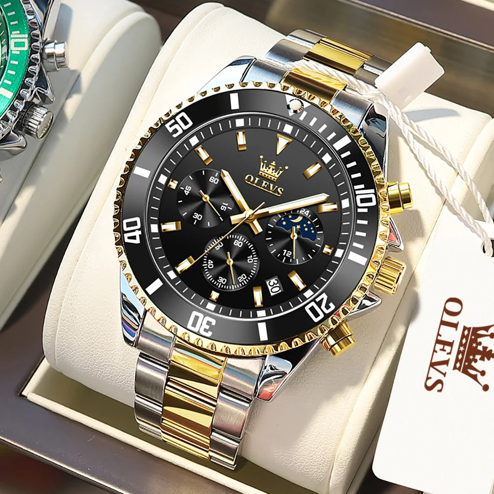 OLEVS Men's Luxury Chronograph Moon Phase Date Stainless Steel Watch
