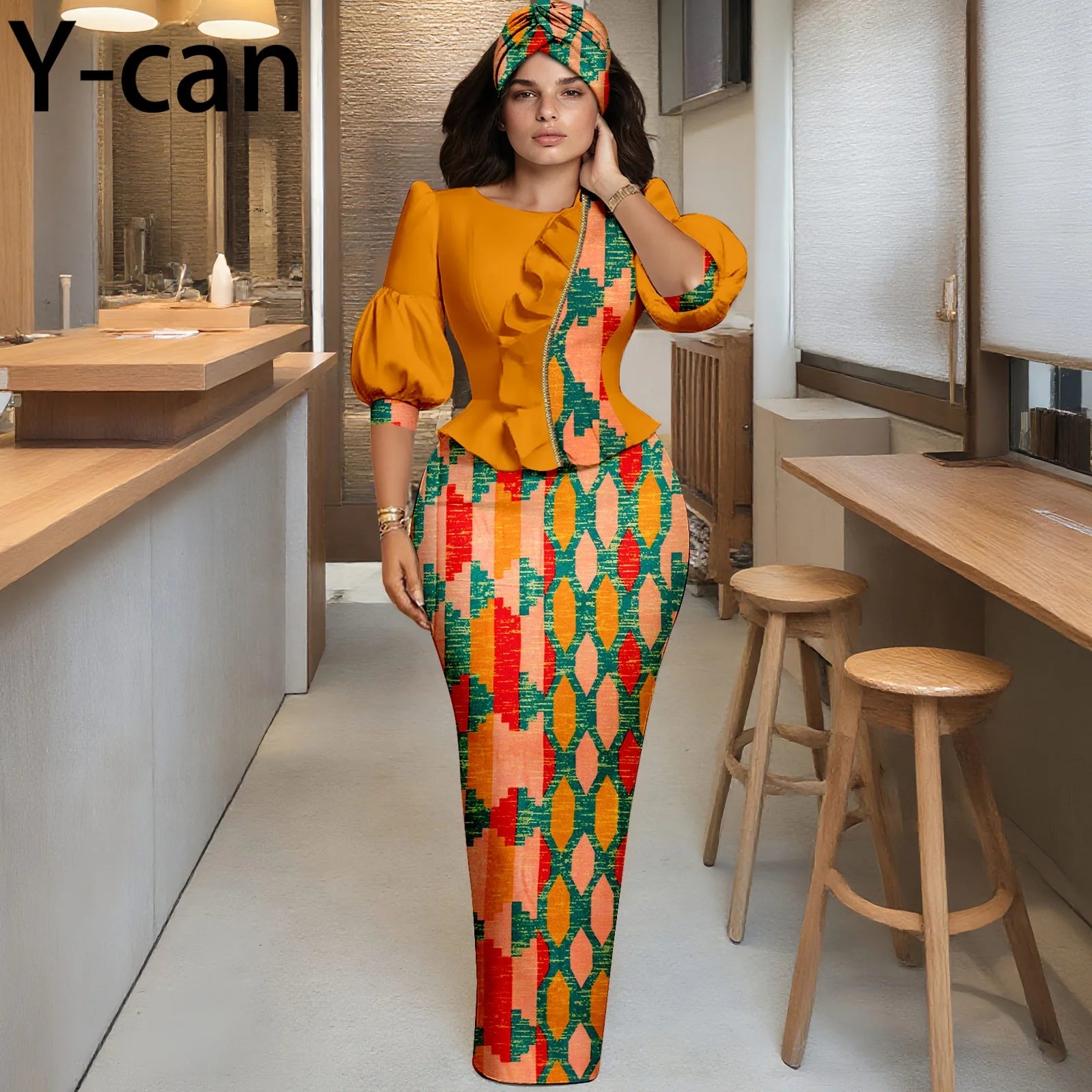Y-can African Women Skirt Set With Headwrap and Ruffled Top