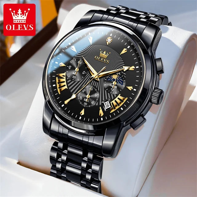 OLEVS Chronograph Mens Quartz Watch Waterproof Moon Phase Dual Calendar