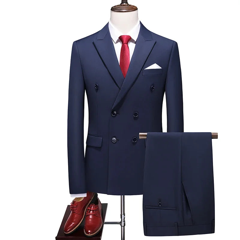 Mens Double Breasted Suit Blazer Pants British Style Business Formal