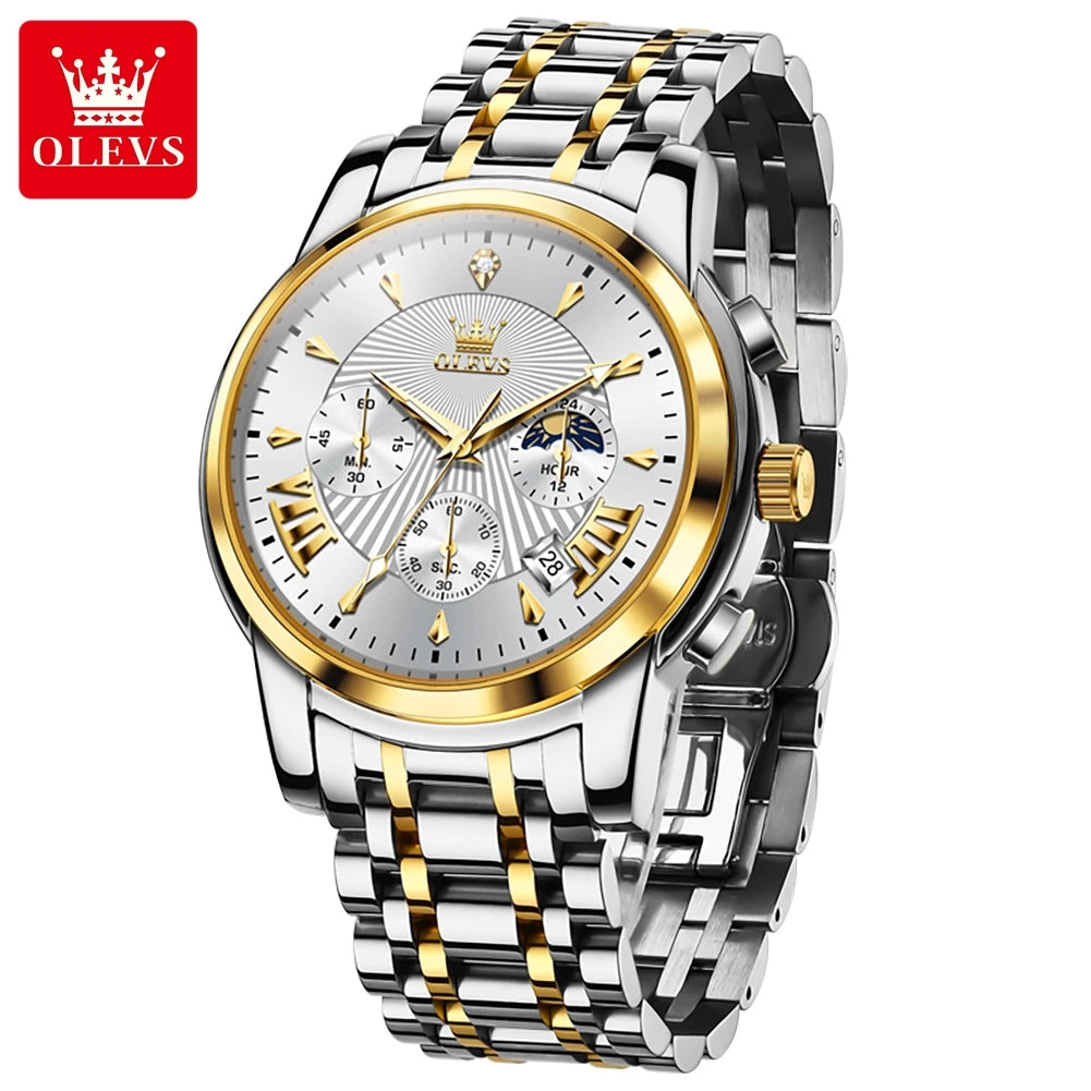OLEVS Chronograph Mens Quartz Watch Waterproof Moon Phase Dual Calendar