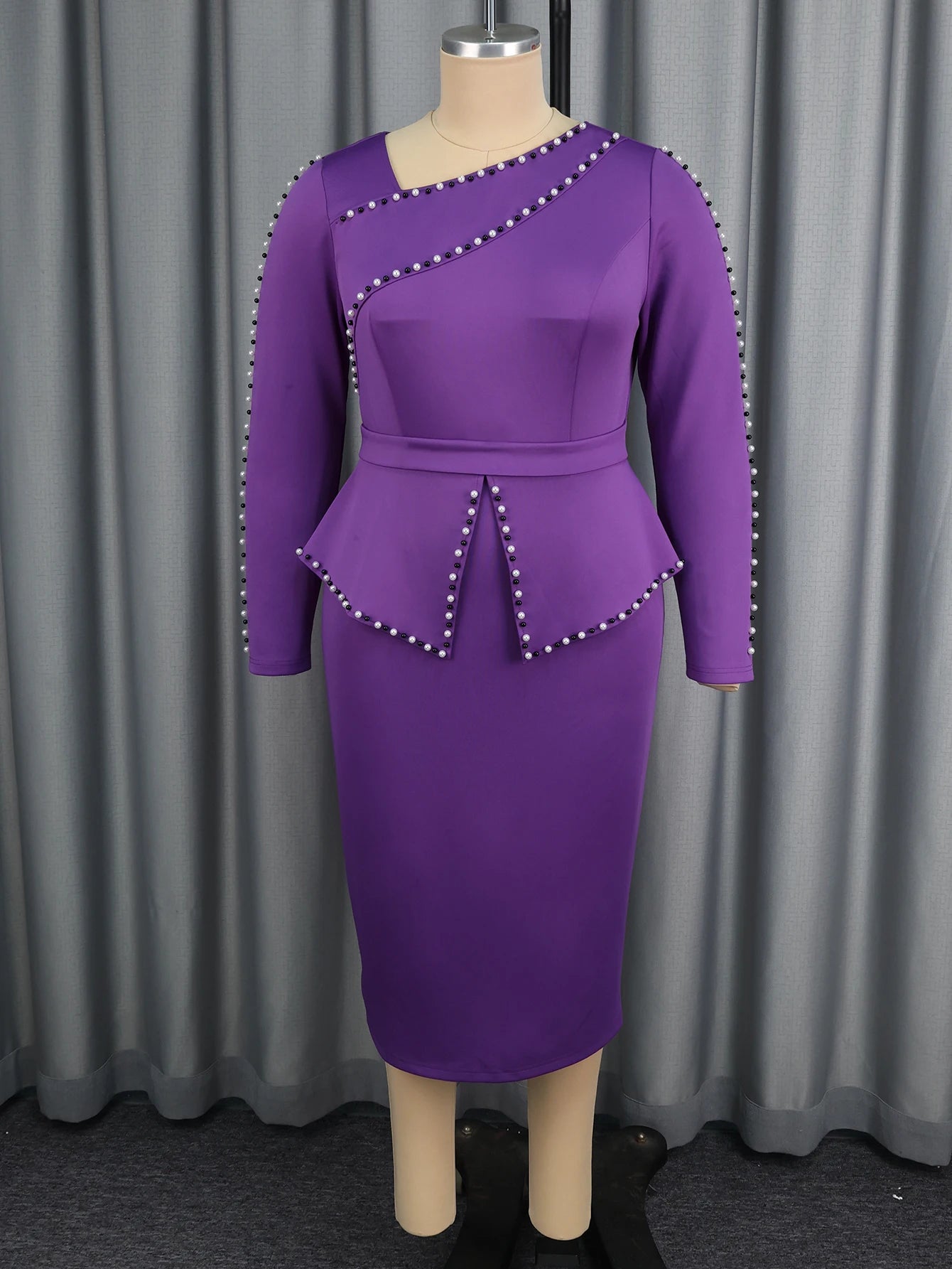 AOMEICN Women Elegant Midi Dress Beaded Trim Long Sleeve
