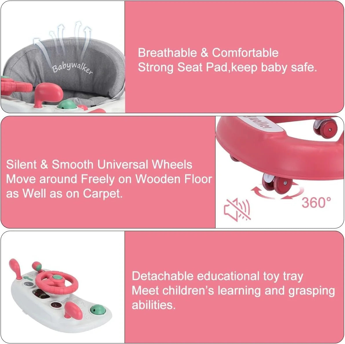 2 In 1 Baby Walker Toddler Push Walker with Removable Feeding Tray and Music Tray Foldable Design