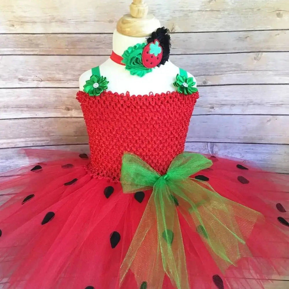 Baby Girls Strawberry Costume for Kids Birthday Party Tutu Dress Halloween Outfit Toddler Girl Fruit Clothes Newborn Photo Shoot