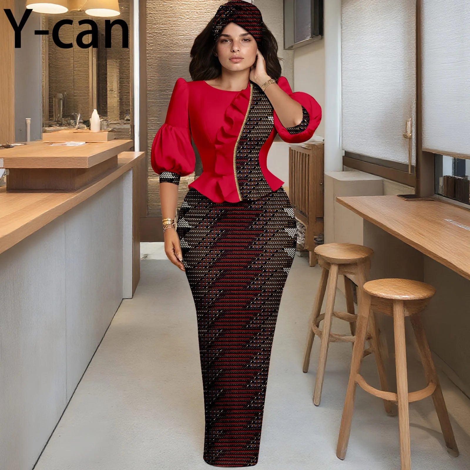 Y-can African Women Skirt Set With Headwrap and Ruffled Top