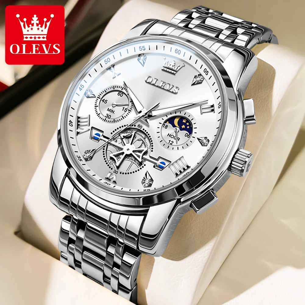 OLEVS 2856 Quartz Men Watch Flywheel Skeleton Chronograph Moon Phase