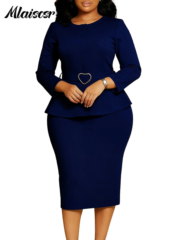 Mlaiscsr African Women Formal Office Dress With Belt O Neck Long Sleeve