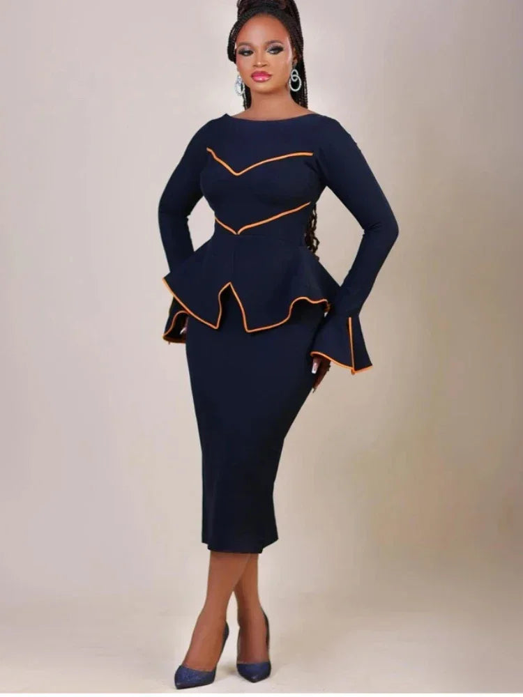 AOMEICN Elegant Women Office Dress Round Neck Ruffle Edge Long Sleeve Workwear